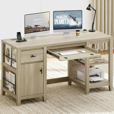 58-inch Office Desk With Drawers, Keyboard Tray And Storage Shelves