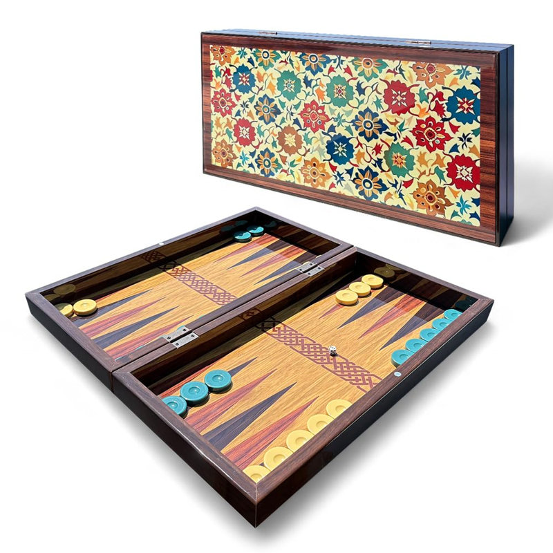 Ensemble de backgammon Bloom, corps en panneau de fibres à densité moyenne de 16 mm, fermeture magnétique, revêtement Coex-Cellophane Scratch, dames en polyester de 36 mm, ouvert de 50 x 50 cm
