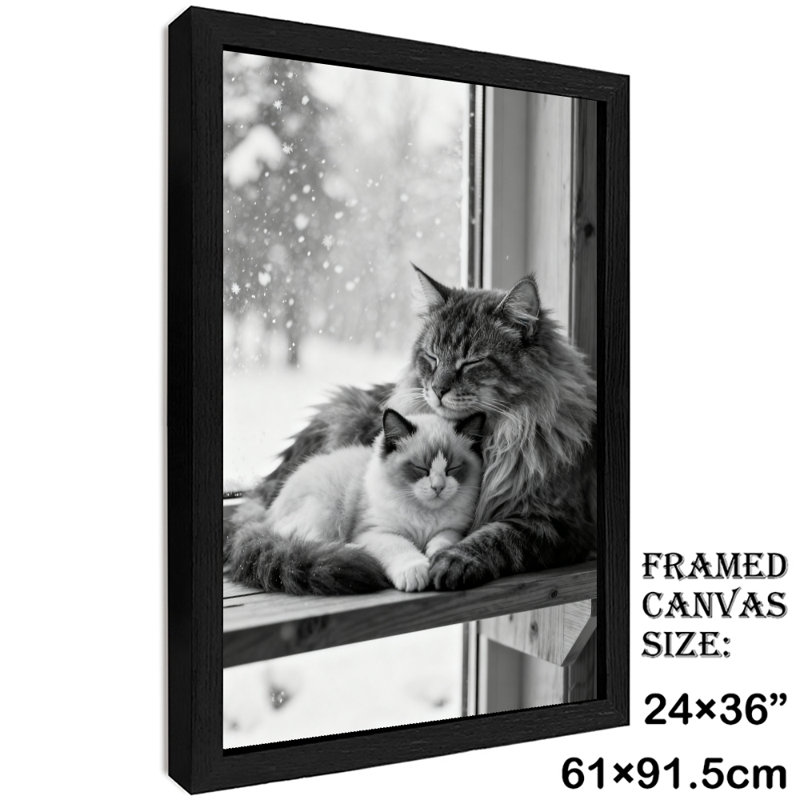 Reproduction d'art encadré noir avec chats rétro blottis ensemble dans une ambiance chaleureuse, H 37 po x l 25 po