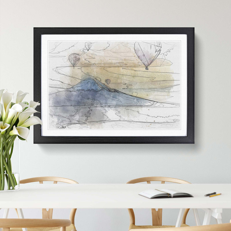 Hot Air Balloons Above Mount Fuji in Abstract - Picture Frame Graphic Art Print, Black Framed, 62cm H x 87cm W x 2cm D