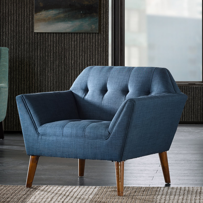 Merrylite  37" Wide Upholstered Armchair with Tufted Backrest, Blue Basketweave