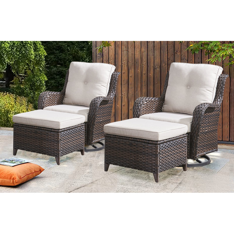 Deb 31" W Wicker Swivel Glider Chair with Ottoman and Cushions (Set of 2), Brown/Beige