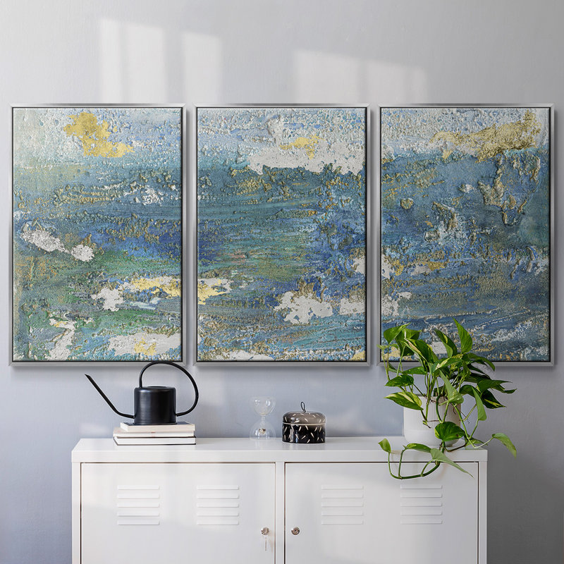 Sparkling Sea I - Toile encadrée multi-pièces, H 40 po x l 78 po x P 2 po, Argent