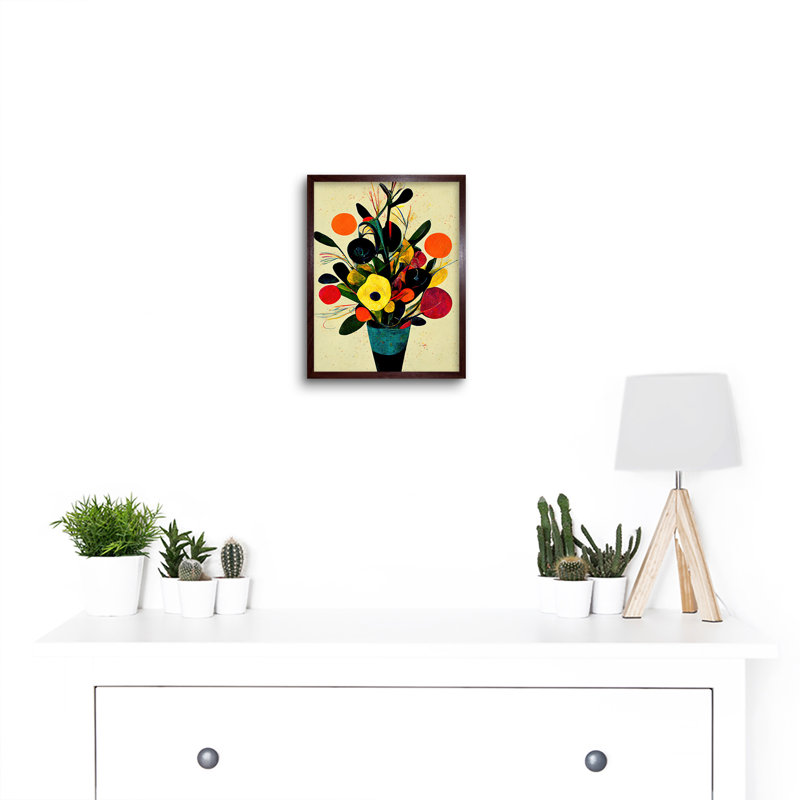 Autumnal Flower Bouquet Vase Midcentury Abstract - Painting, Brown Framed Paper, 25.9cm H x 20.6cm W