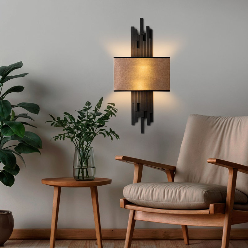 Modern Wall Lamp with Metal Body & Fabric Cap, 13.8 x 29.5 x 3.9 inches | 2 x E14 Socket (Max 40W, Bulb Not Included) | Stylish Black & Light Brown Design, IP20 Rated for Indoor Use, Perfect for Living Room & Bedroom
