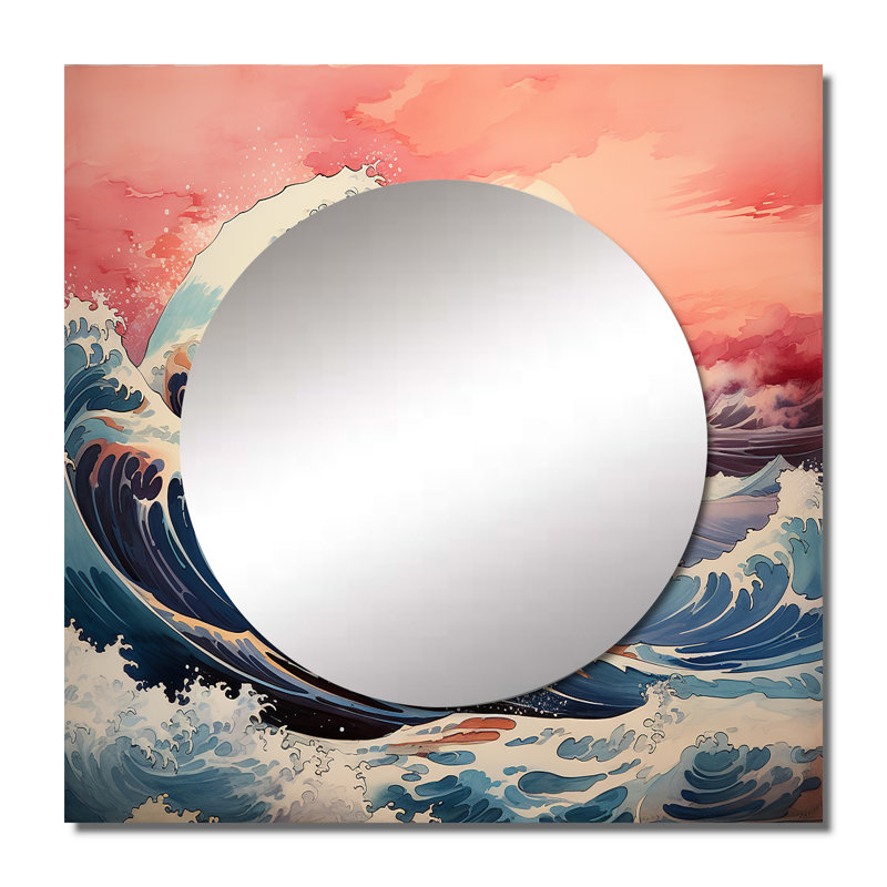 Masterpiece Pink The Great Wave Of Kanagawa I - Nautical & Beach Square Mirror For Wall Art Decor, 23" x 23"