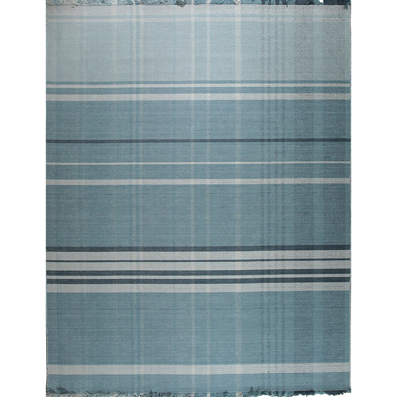 Tapis bleu moderne en laine noué à la main à motif géométrique moderne à rayures sereines, 7 pi 9 po x 9 pi 9 po