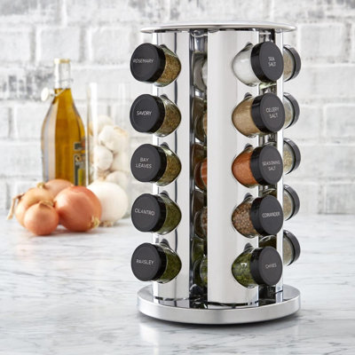 Support à épices rotatif pour comptoir de 20 pots avec épices incluses, recharges d'épices gratuites pour 5 ans, acier inoxydable poli avec capuchons noirs, 30020