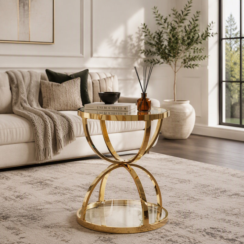 Table d'appoint ronde moderne à deux niveaux en verre de 50 cm (19,69 po), avec structure en métal annulaire, pouvant servir de table de chevet ou de table d'appoint pour le salon, la chambre et le bureau.