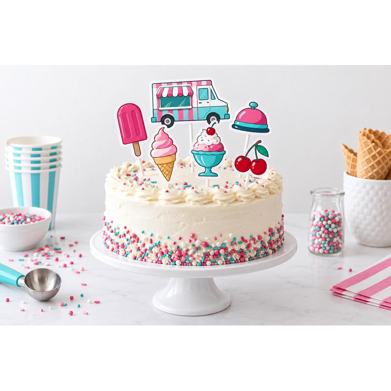 Ice Cream Truck Cake Decorations, Popsicle Sundae Birthday Topper Picks, Cardstock Dessert Party Set