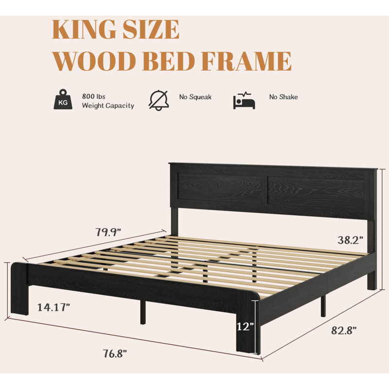 Wood Platform Bed Frame,King Size Bed Frame,No Box Spring Needed and Easy Assembly Tool,Large Under Bed Storage, Black, King