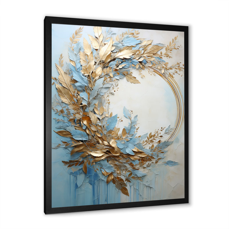 Couronne de fleurs bleue et dorée - salon d'art mural, H 44 po x l 34 po, Cadre simple noir