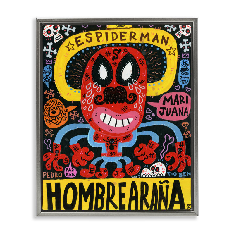 Cadre flottant emblématique super-héros personnage collage, design par Jorge R. Gutierrez, Cadre flottant gris lustré