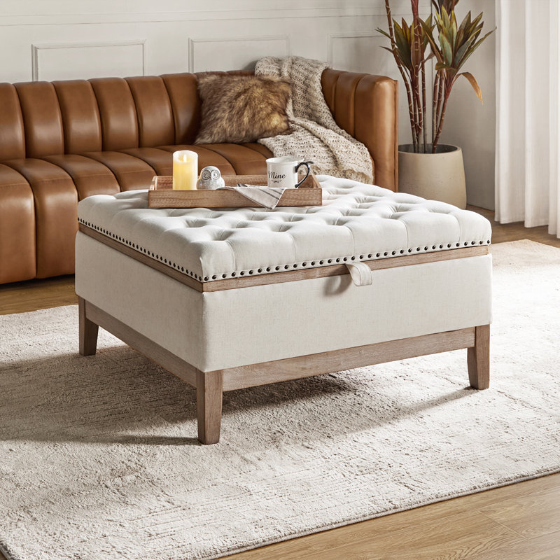 Amdan Upholstered Ottoman with Solid Wood Legs, Ivory Polyester