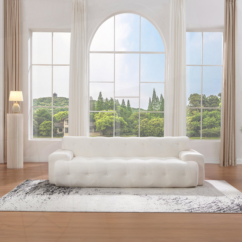 Canapé Cloud en chenille 3 places avec bouton capitonné confortable, Blanc / Blanc