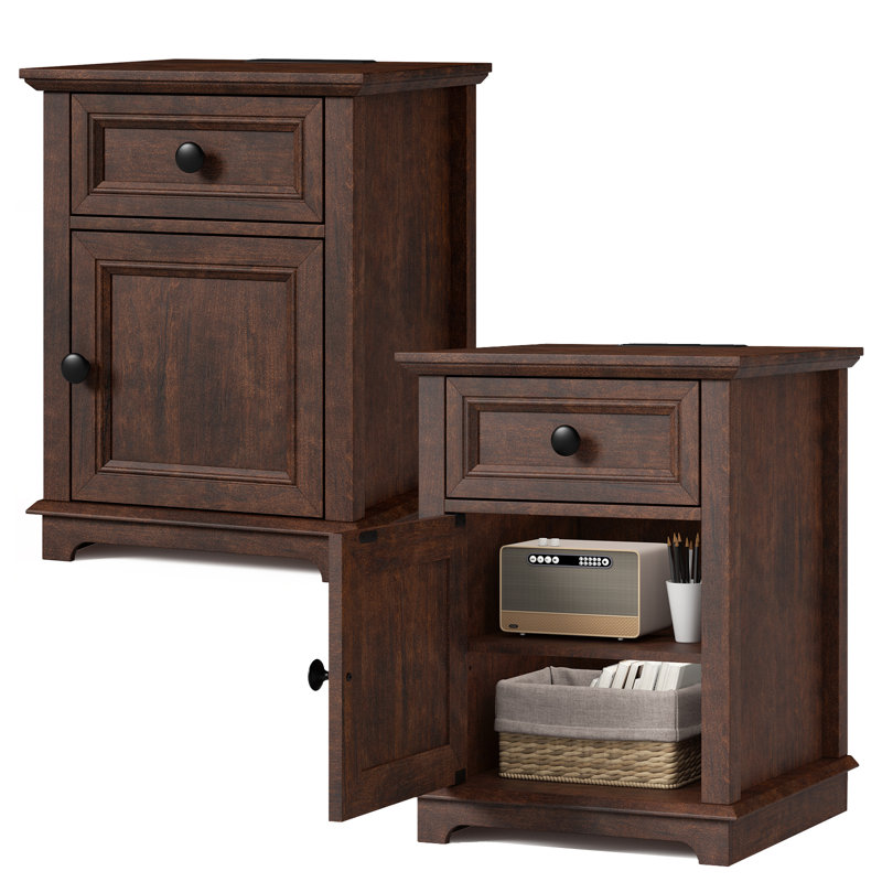 Brittnei 1-Drawer Manufactured Wood Nightstands with Storage and Built-in Outlets, Cherry, 2