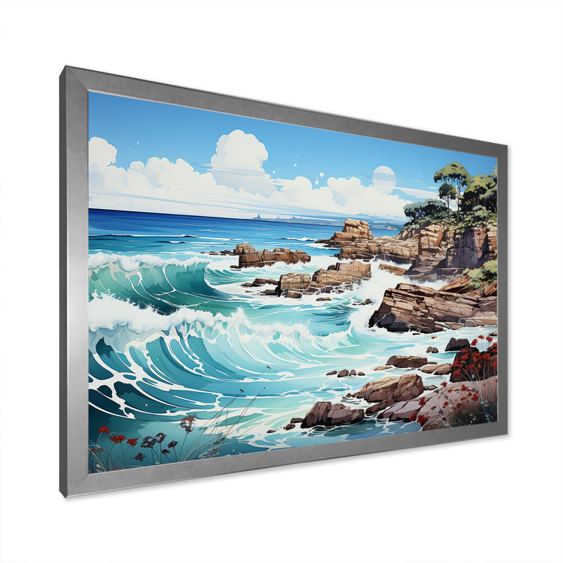 «Blue Beach Waves Fusion II», reproduction sur toile, H 24 po x l 32 po x P 1 po, Cadre simple argenté