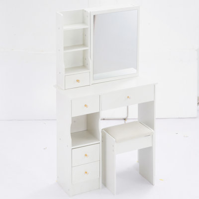Table de coiffeuse de 29,2 po avec tiroir gauche, tabouret rembourré, miroir coulissant à droite, rangement multi-couches à grande capacité, commode pratique et pratique, convient aux petits espaces