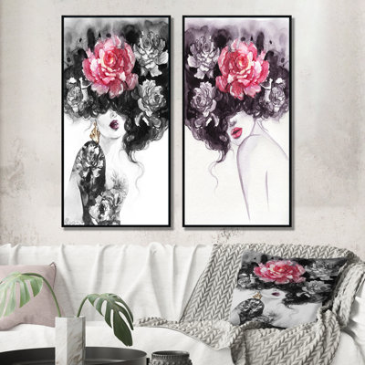 Floral Fashion Woman Portrait II - ensemble de 2 impressions sur toile
