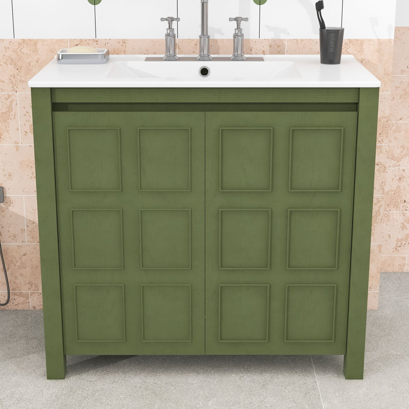 Meuble-lavabo de salle de bain avec lavabo en céramique, tablettes de rangement et portes à fermeture en douceur, Vert olive
