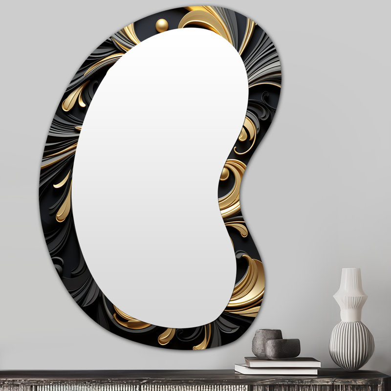 Eufrosina, motif d'ornement doré sur fond noir III - spirales abstraites, forme unique, miroir décoratif mural, grand miroir asymétrique doré, impression sur métal