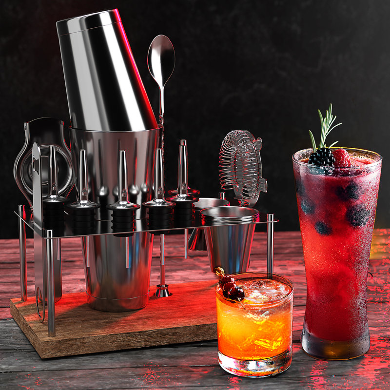 Ensemble d'outils de bar à cocktail en acier inoxydable 16 pièces avec support Joytable, Argenté