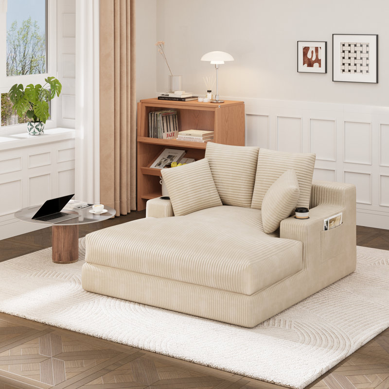 Canapé-lit de 53 po surdimensionné pour chaise longue sans os, mousse très épaisse avec coussins, porte-gobelets et poches latérales, fauteuil de lecture sans assemblage, beige