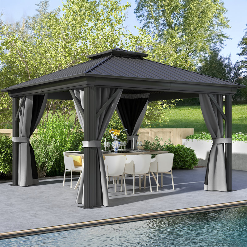 Outdoor Metal Hardtop Patio Gazebo with Privacy Curtain and Mosquito Netting, 12 ft x 12 ft