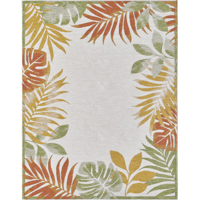 Dahlia Tropical Border Machine Woven Performance Area Rug - Ivory/Rust - 6'7" x 9'