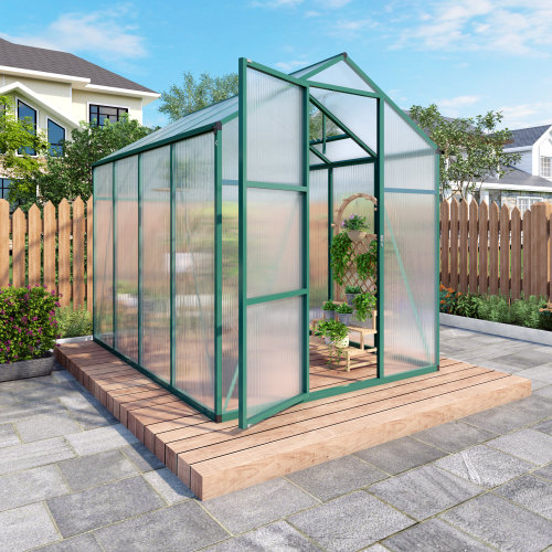 Serre à accès intensif avec panneaux en polycarbonate, structure en aluminium, évent de toit réglable et système de gouttière intégré