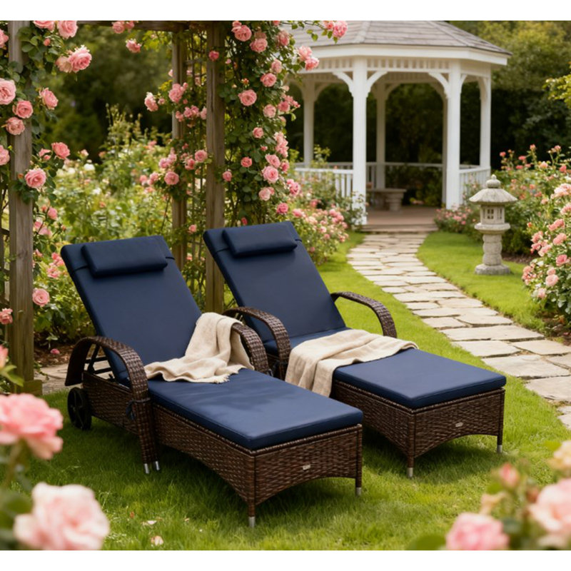 Reclining Rattan Chaise Lounge Chairs With Cushion, Pillow, Headrest, Armrests, And Wheels For Poolside Comfort, Dark Blue