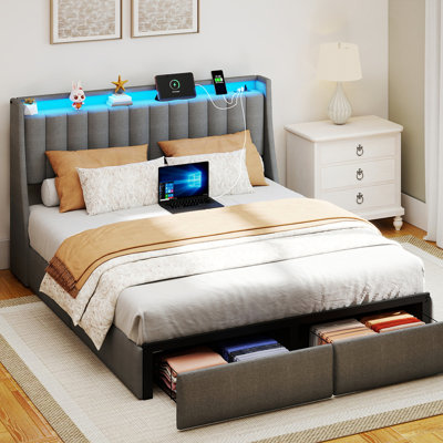 Queen Size Bed Frame with RGB LED Lights & Charging Station, Upholstered Platform Bed with 2 Underbed Drawers & Storage Headboard, Sturdy Metal Bed, No Box Spring Required