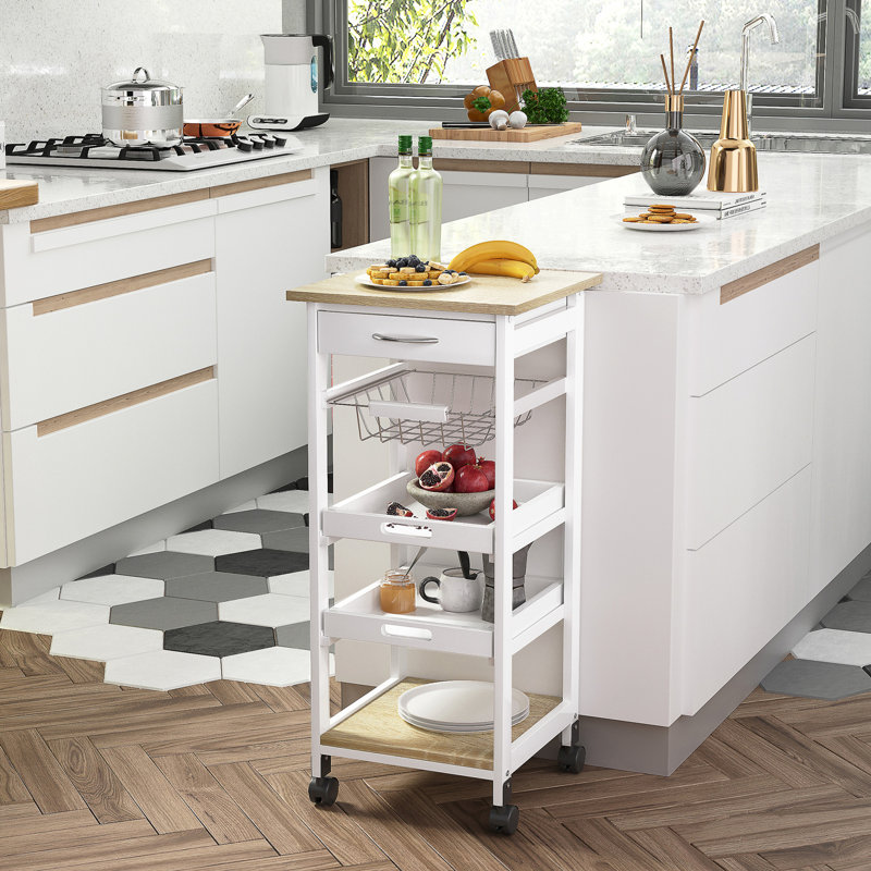 Chariot de cuisine blanc roulant avec ustensiles et vaisselle