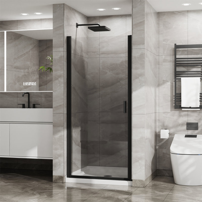 Porte de douche pivotante avec base de douche en acrylique, conception sans cadre, Noir blanc