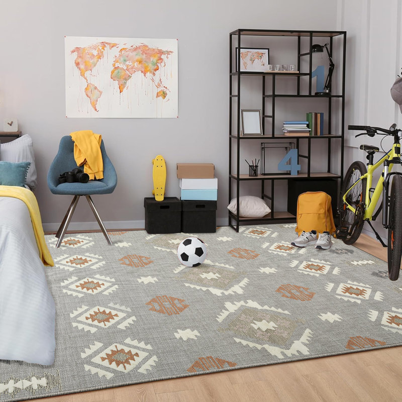 Nova Geometric Pattern Printed Area Rug - Warm Earth Tones on Soft Grey Base, Rectangle 60 x 110 cm