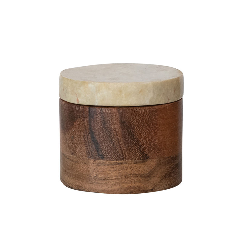 Contenant rond en bois d'acacia avec couvercle en marbre