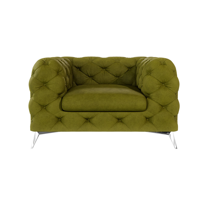 Chesterfield Armchair  with Silver Metal Legs, Olive