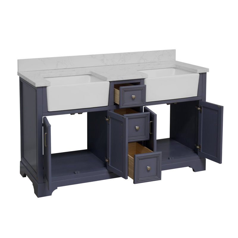 Ensemble de meuble-lavabo double 60 po Emiliano, Gris poudre, Carrare d'ingénierie