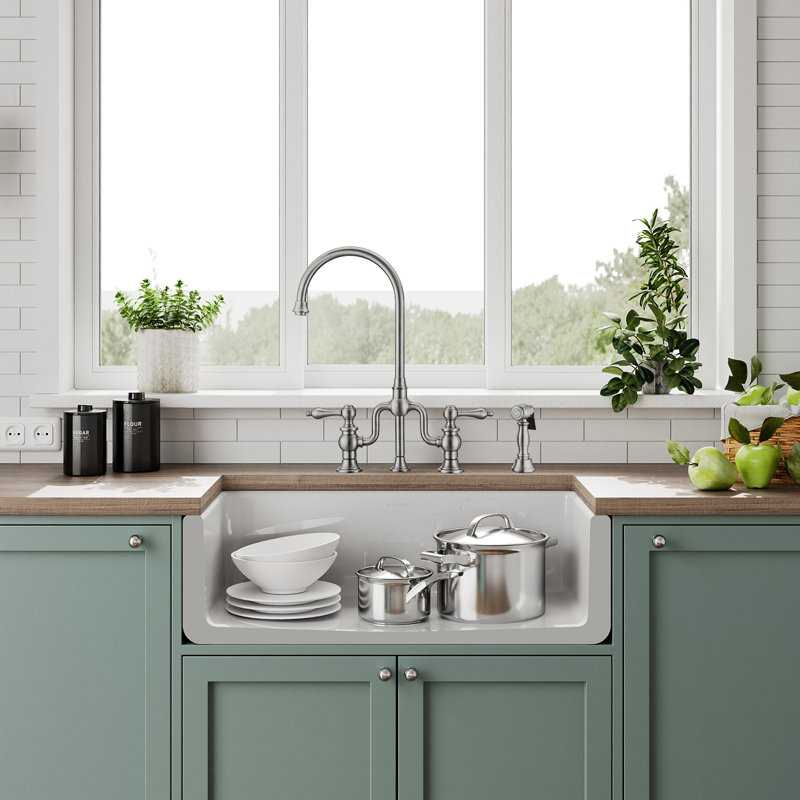 Whitehaus Collection Reversible Fireclay Kitchen Sink with Grid: Three Edge Frame, Plain Front Apron, 10" H x 33" L x 18" W