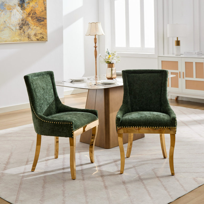 Chaises de salle à manger en chenille, style moderne avec pieds courbés plaqués or et garniture de rivets, confort rembourré pour la salle à manger / salon, sièges d'appoint avec tissu texturé et structure une pièce, ensemble de 2