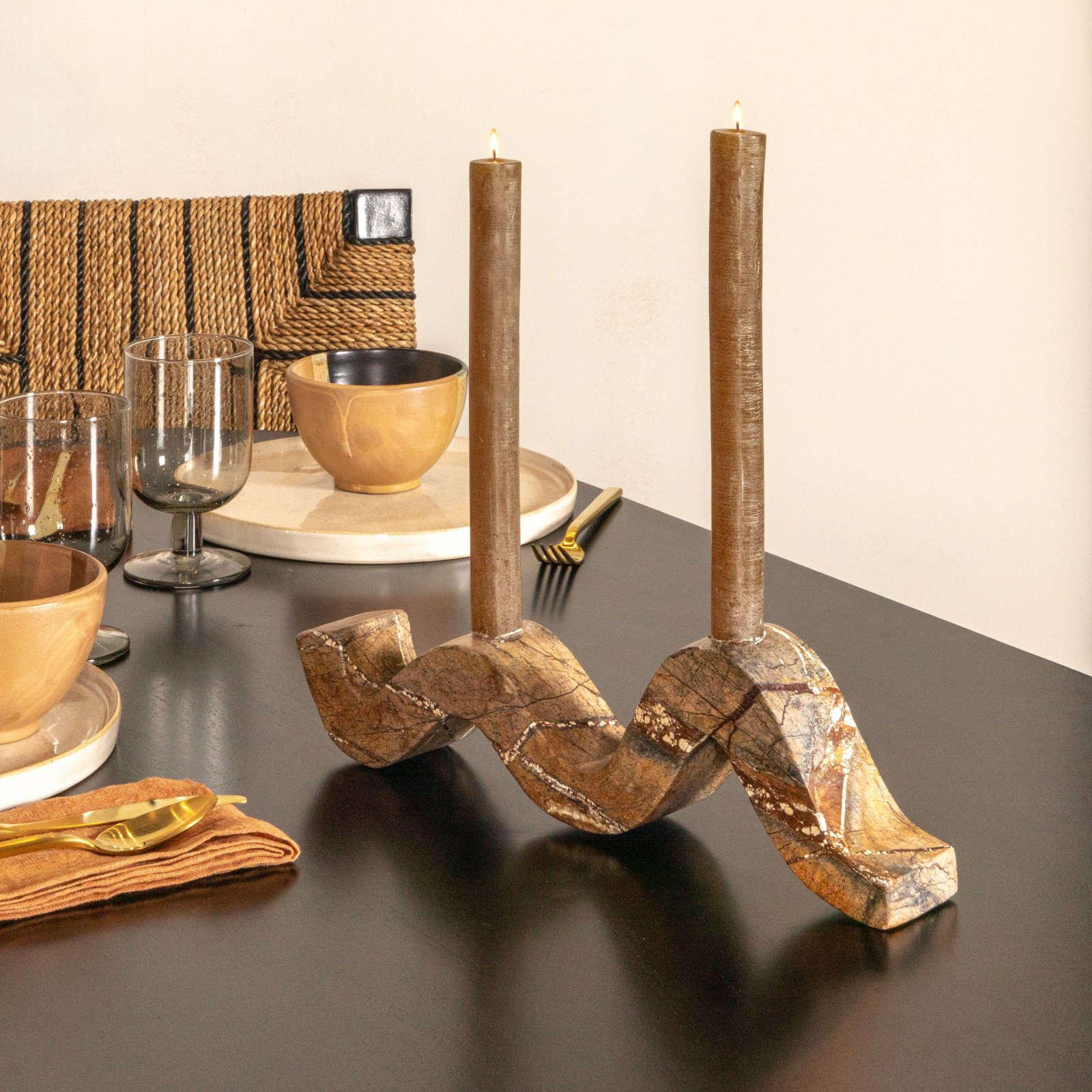 Marble Wave Double Taper Candle Holder, Brown