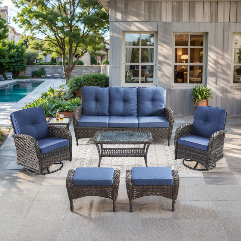 Aristil 5-Person PE Wicker Outdoor Patio Conversation Set With Swivel Glider Chair And Cushions, Blue