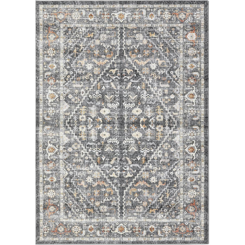 Vintage Area Rug Washable Foldable Distressed Accent Carpet Non-Skid Oriental Print Low-Pile Non-Shedding Thin Floor Mat for Bedroom