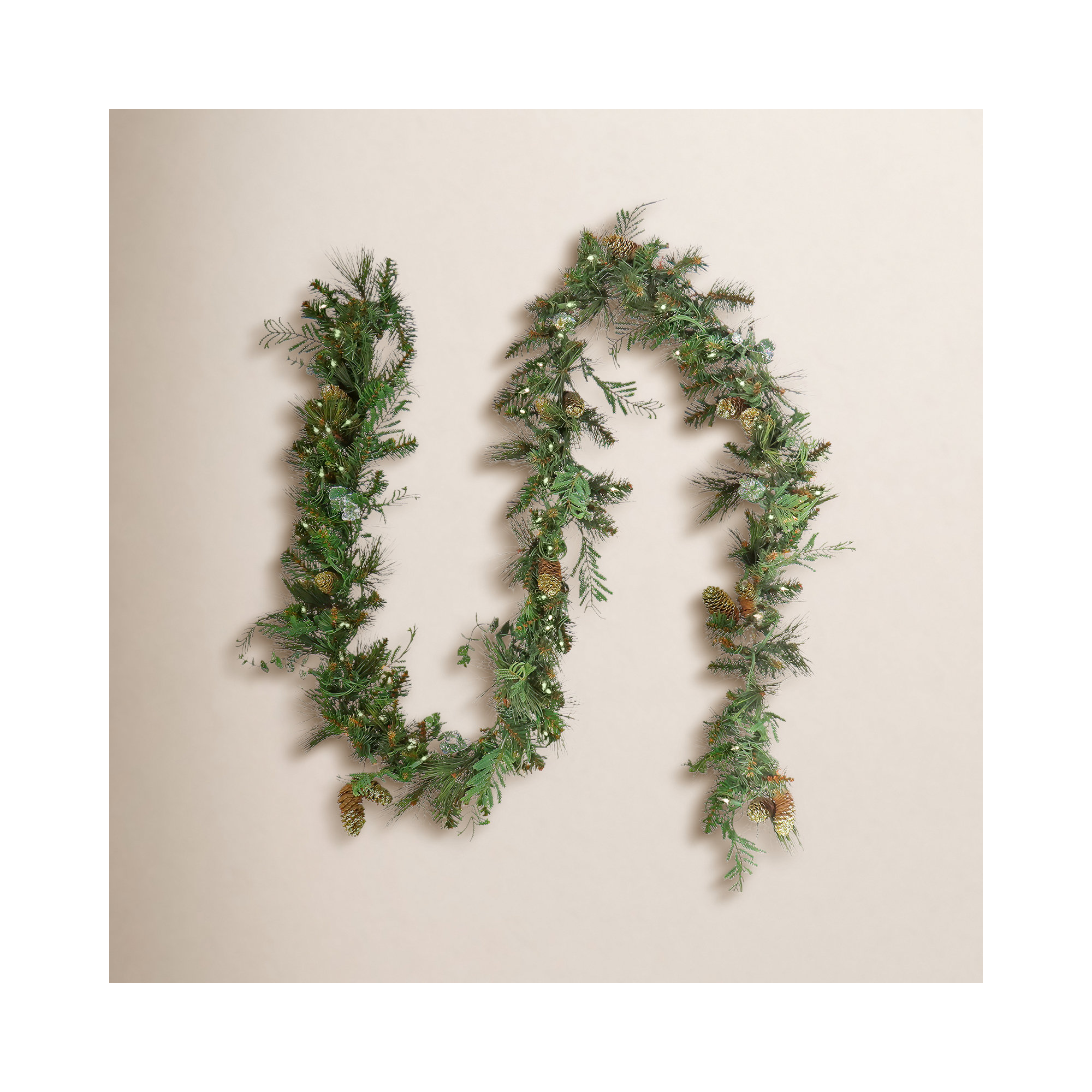 The Holiday Aisle® 9 ft Pre-Lit North Conway Garland with Glittery Cones and Eucalyptus