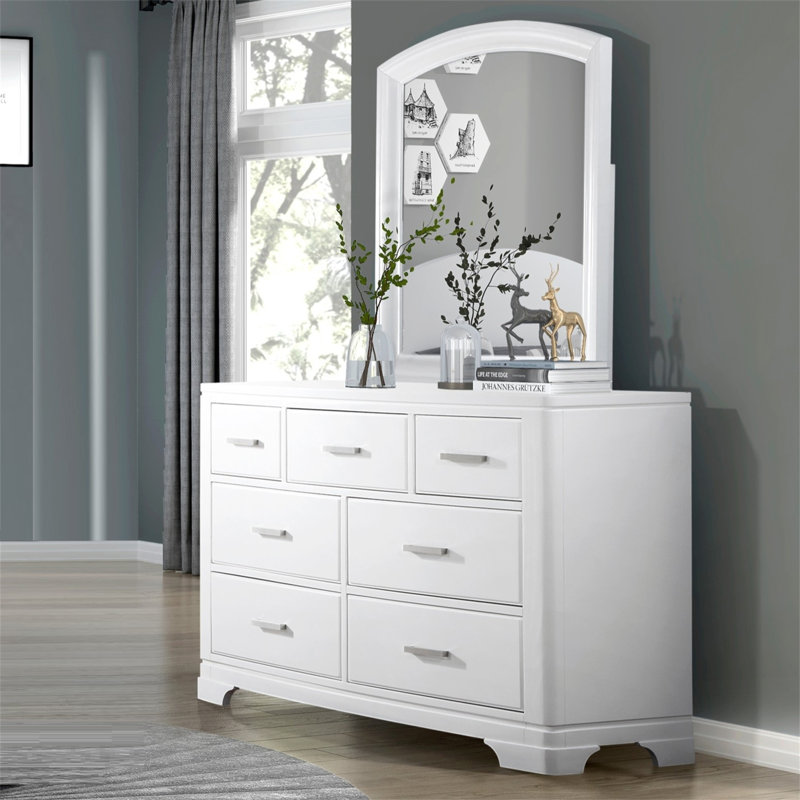 Ensemble de miroir de commode moderne moderne à finition blanche avec 7 tiroirs et glissières lisses, Blanc