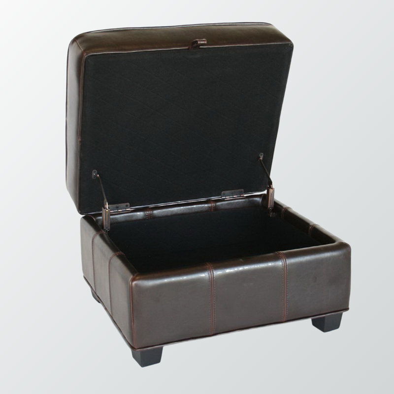 Kasius Ottoman in Rich Dark Brown Faux Leather and Solid Wood Legs, 14.9'' H X 24.9'' W X 20.85'' D