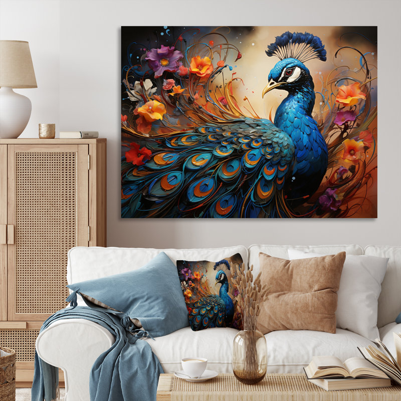 Peacock Abstract Collage I - Animals Wall Art Prints, Toile tendue, H 16 po x l 32 po x P 1 po