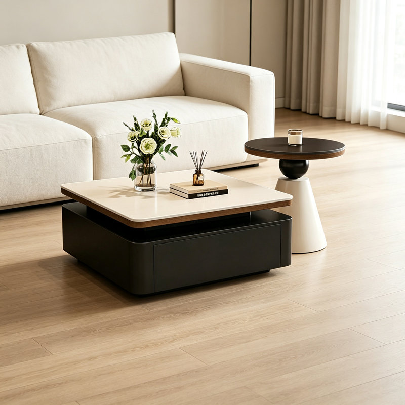 Table basse moderne avec rangement, 13.77" H x 27.55" W x 27.55" D, White/Black/Black/White