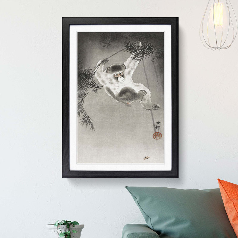 Monkey on a Bamboo Branch by Ohara Koson - Picture Frame Painting Print, 36cm H x 27cm W x 2cm D, Black Framed
