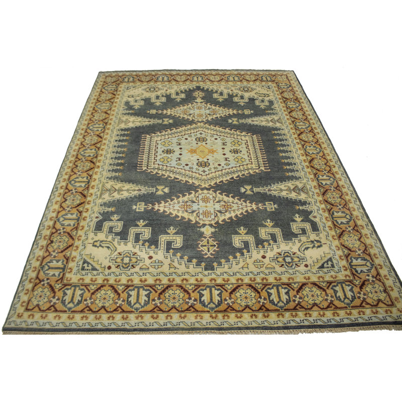 Tapis gris en laine noué à la main à motif géométrique Eilard